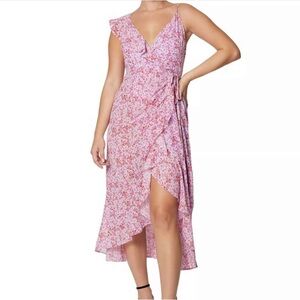 EUC $138 Laundry by Shelli Segal Pink Floral Asymmetrical Wrap Dress